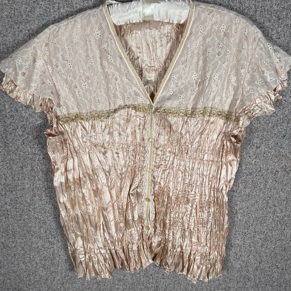 Y2K Crinkle 90s Fairy Core Blouse Whimsy Western Lace Ruffles Dainty Office Sz L